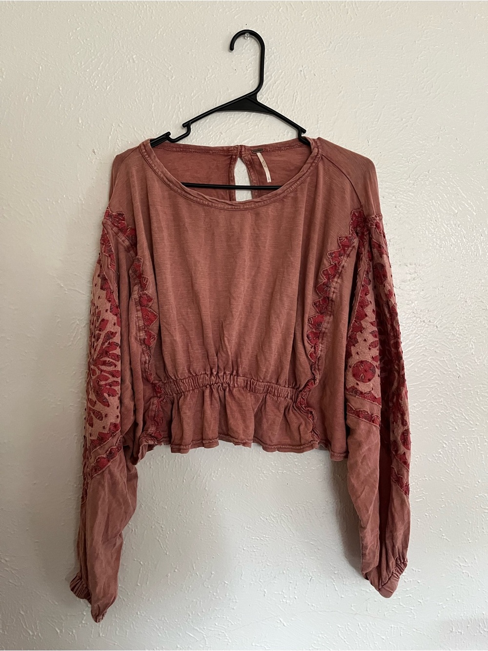 Free People dusty rose embroidered long-sleeve crop top